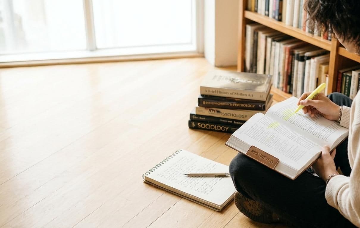A student studying a college textbook on the floor of a bookstore, highlighting notes by a stack of textbooks